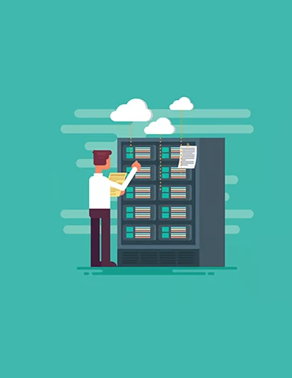 Ilustración de técnico gestionando servidores y almacenamiento en la nube.