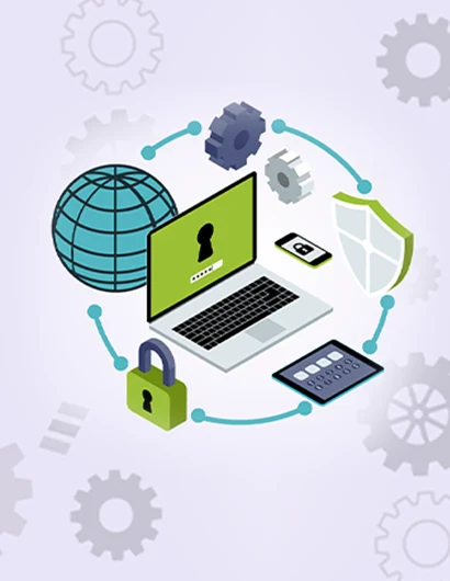 Concepto de seguridad informática con candado digital, escudo y laptop protegida